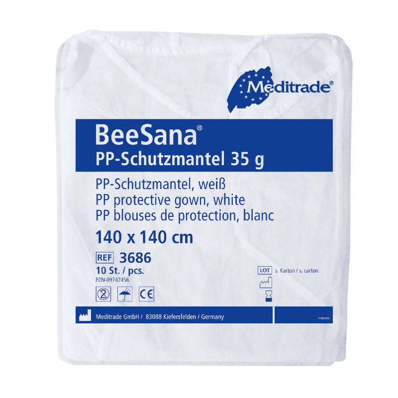 Emballage til Meditrade BeeSana® PP-beskyttelsesfrakke 35g, en hvid beskyttelsesfrakke til hospitalsbrug fra Meditrade GmbH. Emballagen har målene 140 x 140 cm og er ideel til engangsbrug. Den indeholder i alt 100 styk pr. pakke.