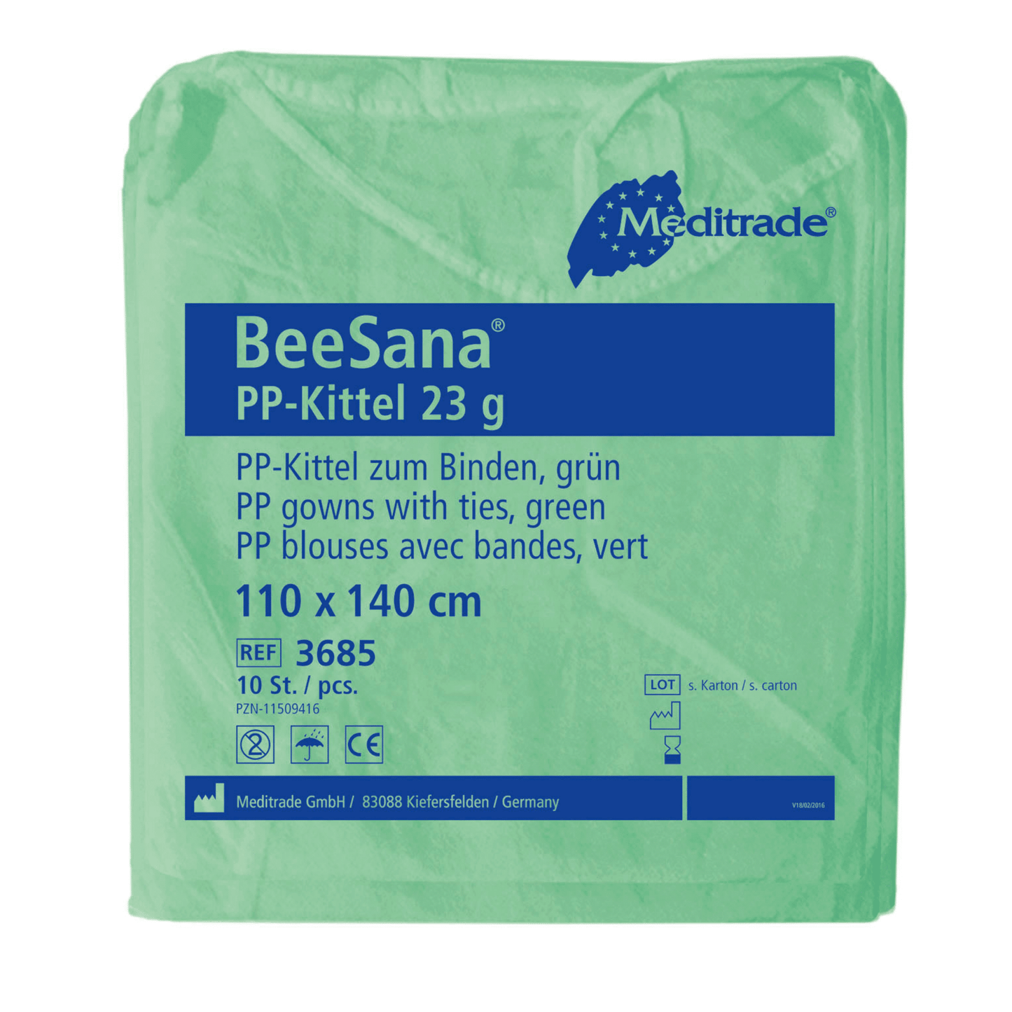 En grøn pakke Meditrade BeeSana® PP-kittel 23g indeholder en tekst på tysk og fransk, der beskriver en åndbar engangsbeskyttelseskittel med bånd i målene 110 x 140 cm. Hver æske fra Meditrade GmbH indeholder 100 stykker.