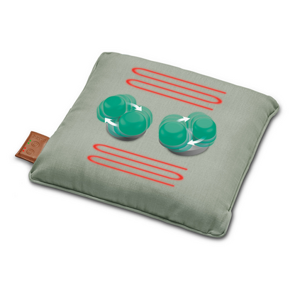 En grå, firkantet Beurer akku-massagepude MG 139 fra Beurer GmbH viser et billede af fire turkisfarvede cirkelformer med hvide pile, der angiver rotationen. Over og under cirklerne ses tre sæt parallelle røde linjer. På en kant er der fastgjort en lille brun etiket med tekst.