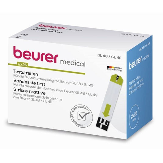 En pakke Beurer Teststrimler til GL 48/49 – 50 stk. fra Beurer GmbH. På etiketten står der, at der er 2 x 25 teststrimler i pakken. På emballagen er der hovedsageligt Beurer-branding, nogle oplysninger på flere sprog og et billede af en enkelt teststrimmel til medicinsk udstyr.