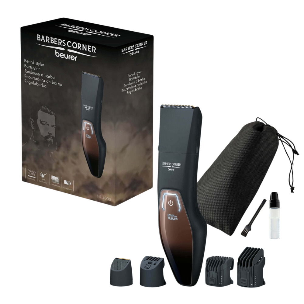 Afbildning af Beurer HR 4000 skægstyler-sæt fra "Barber's Corner" af Beurer GmbH. Indeholder skægtrimmeren, fire forskellige trimmerhoveder, en rengøringsbørste, olie, en opbevaringspose med snor og emballageboksen med en afbildning af trimmeren med rustfrit stålblad og varemærke.