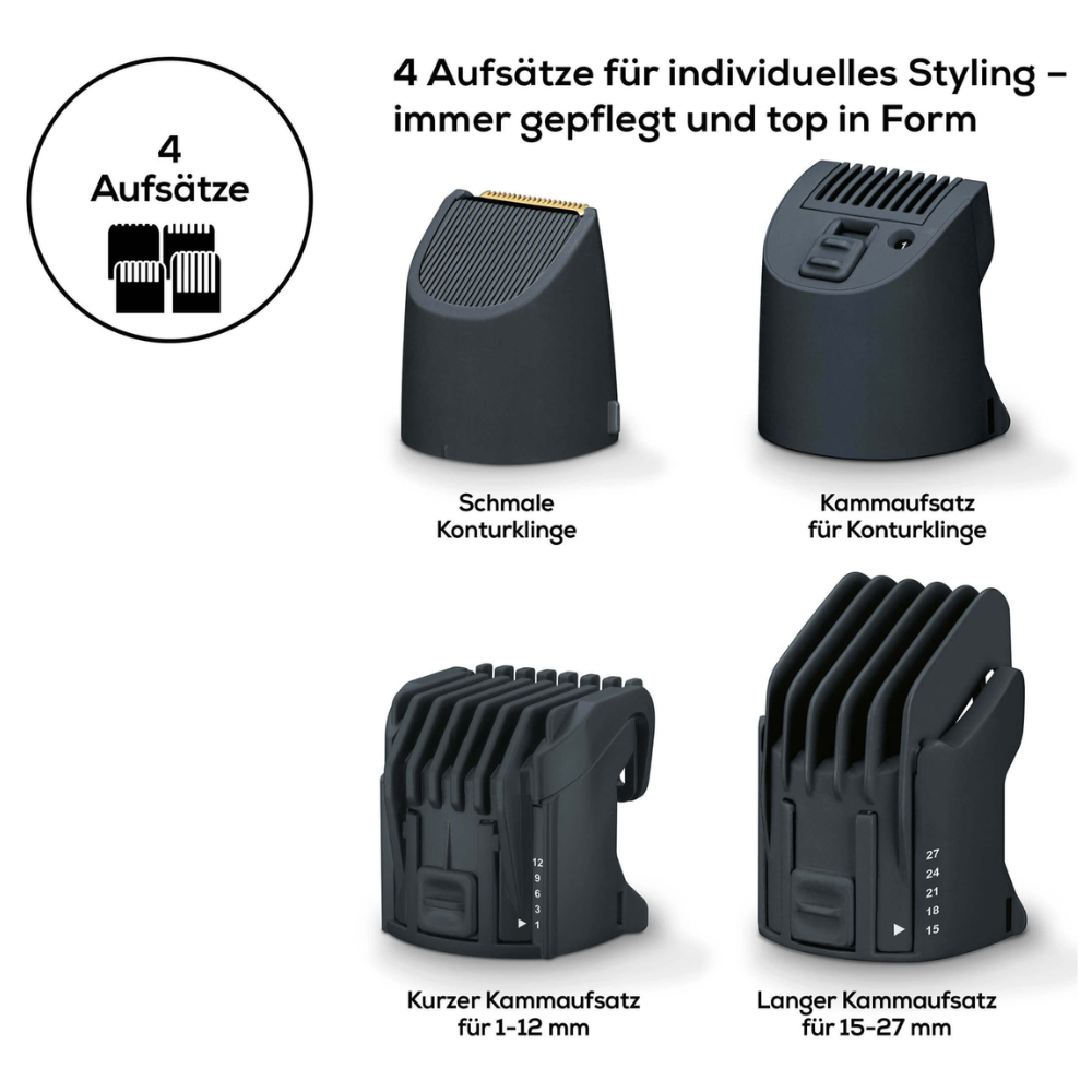 Beurer HR 4000 skægstyler fra Beurer GmbH har fire udskiftelige klippehoveder, ideelle til enhver skægtrimmer. Disse inkluderer et smalt konturblad, et kort kamhoved til 1-12 mm, et langt kamhoved til 15-27 mm og et kamhoved til konturering. På emballagen (1 styk) findes også en tysk tekst.