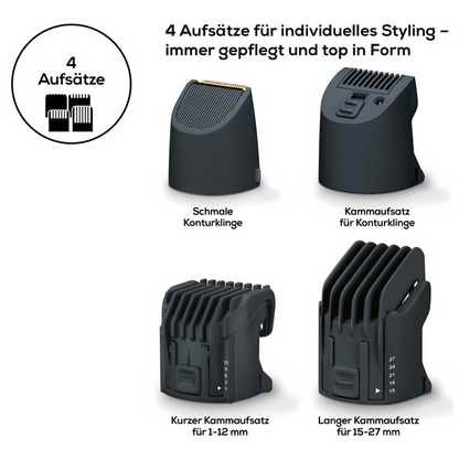 Beurer HR 4000 skægstyler fra Beurer GmbH har fire udskiftelige klippehoveder, ideelle til enhver skægtrimmer. Disse inkluderer et smalt konturblad, et kort kamhoved til 1-12 mm, et langt kamhoved til 15-27 mm og et kamhoved til konturering. På emballagen (1 styk) findes også en tysk tekst.