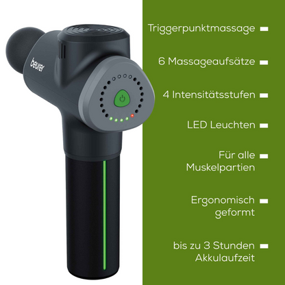 Billede af en sort håndholdt Beurer muskelmassageapparat MG 180 Massage Gun fra Beurer GmbH, med „Beurer“-logoet. Funktionerne, der er opført til højre på tysk, omfatter: triggerpunktmassage, 6 massagehoveder, 4 intensitetsniveauer, LED-lys, egnet til alle muskler, ergonomisk designet og op til 3 timers batterilevetid.