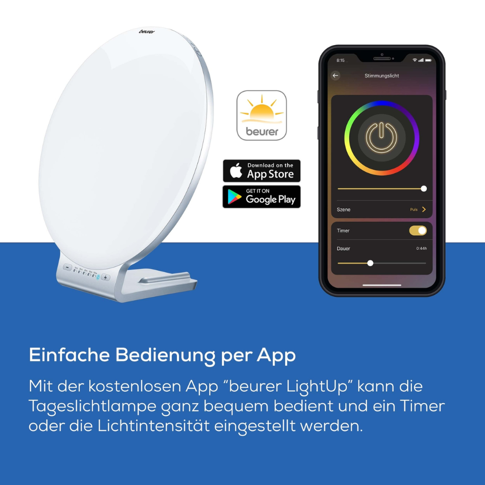 Beurer dagslyslampe TL 100 (udgået artikel) fra Beurer GmbH er afbildet i hvid med 10.000 lux ved siden af en smartphone med LightUp-appen, der er kompatibel via App Store-logoer med iOS og Android; tysk tekst fremhæver app-baseret kontrol.