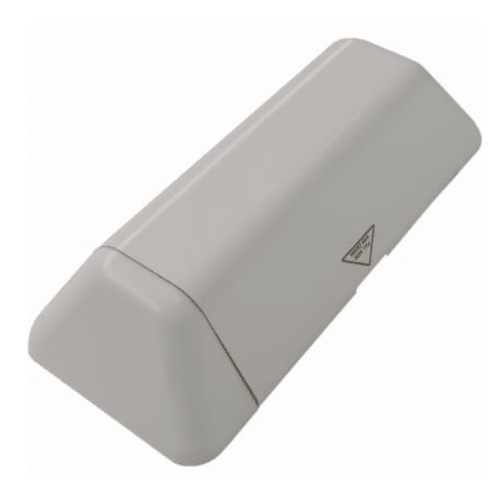 Det Novocal help brandslukker-skab er et rektangulært, lysegråt plastskab med skrå overflade, advarselstrekant-etiket og rene kanter - et enkelt, funktionelt design, ideelt til brandsikringsanvendelser.