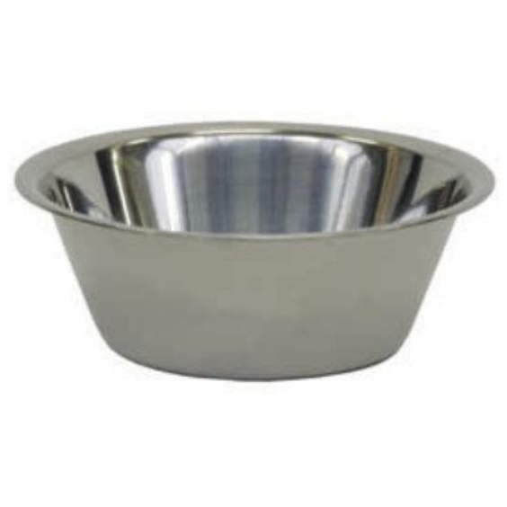 Die Novocal Schale für Schalenständer ist eine Schale aus rostfreiem Stahl mit einem oberen Innendurchmesser von 290 mm und einem unteren Außendurchmesser von 190 mm. Sie ist mit einem breiten Rand und einer glatten, spiegelnden Oberfläche auf weißem Hintergrund versehen. Packung (1 Stück).