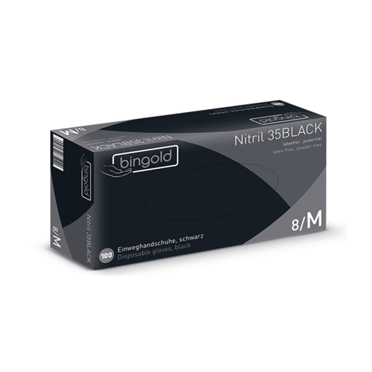 Her præsenteres en æske Bingold Nitril 35BLACK sorte nitrilhandsker, et produkt fra BINGOLD GmbH + Co. KG. Disse mellemstore handsker er ideelle til hygiejneområder, er latex- og pudderfrie og har en flersproget tekst på emballagen.