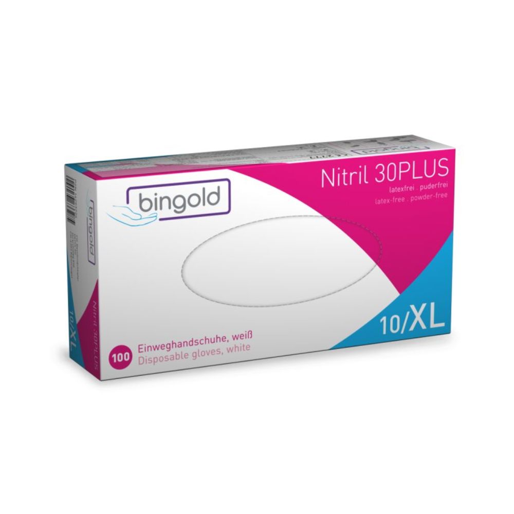 Eine Bingold Nitril 30PLUS-Box von BINGOLD GmbH + Co. KG enthält 100 weiße latexfreie, puderfreie Einweghandschuhe der Größe 10/XL in einer überwiegend weißen Verpackung mit rosa und blauen Akzenten. Sie sind ideal für die Lebensmittelverarbeitung und bieten Schutz vor chemischen Gefährdungen.