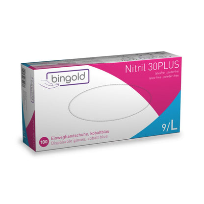 Die Bingold Nitril 30PLUS Einmalhandschuhe, Größe 9/L, von BINGOLD GmbH + Co. KG, sind ideal für die Lebensmittelindustrie. Die weiße Verpackung mit violetten und blauen Akzenten verfügt über einen Text in Deutsch und Englisch. Diese kobaltblauen Handschuhe sind latexfrei und puderfrei.
