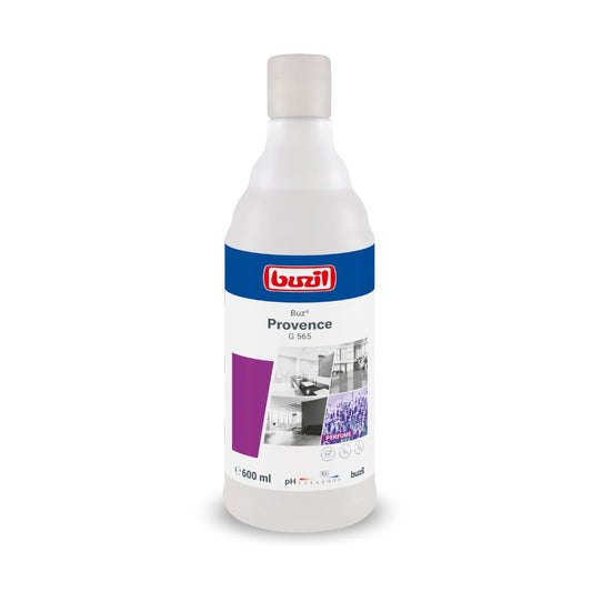 Eine 600 ml Flasche Buzil Air Provence G 565 gebrauchsfertiges Raumspray der BUZIL-WERK Wagner GmbH & Co. KG, ausgestattet mit einem weiß-blauen Etikett mit dem Markenlogo, dem Produktnamen und Bildern sauberer Innenräume.