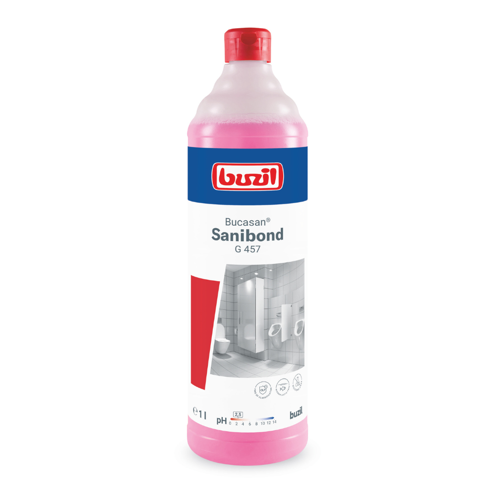 Eine 1-Liter-Flasche Buzil Bucasan® Sanibond G 457 Viskoser Sanitärunterhaltsreiniger mit rosa Flüssigkeit trägt das Branding der BUZIL-WERK Wagner GmbH & Co. KG. Das Etikett ist mit blauen und roten Elementen gestaltet und zeigt den Produktnamen und Bilder einer Toilette für streifenfreien Glanz. Die Flasche ist mit einer roten Kappe versehen.