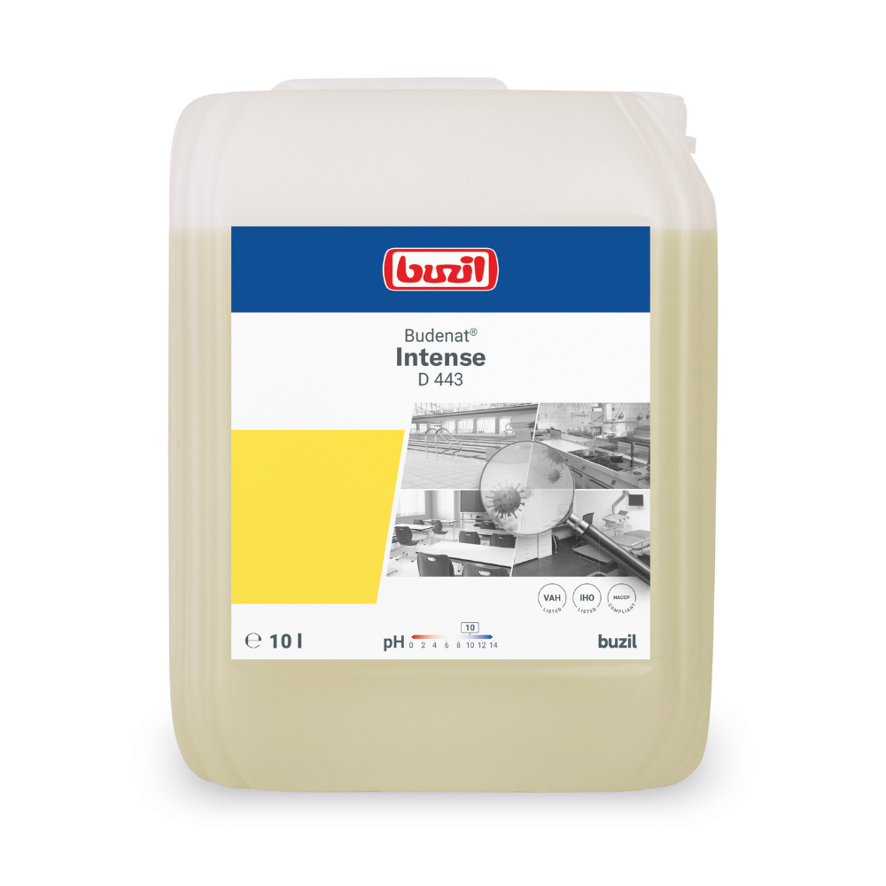 Ein 10-Liter-Behälter der Reinigungslösung Buzil Budenat® Intense Hocheffizienter Desinfektionsreiniger der BUZIL-WERK Wagner GmbH & Co. KG trägt auf dem Etikett das Markenlogo, den Produktnamen und ein schwarz-weißes Bild einer Reinigungsszene. Der beige Behälter entspricht den Standards des HACCP-Konzepts und ist mit einem blau-gelb-weißen Etikett versehen.