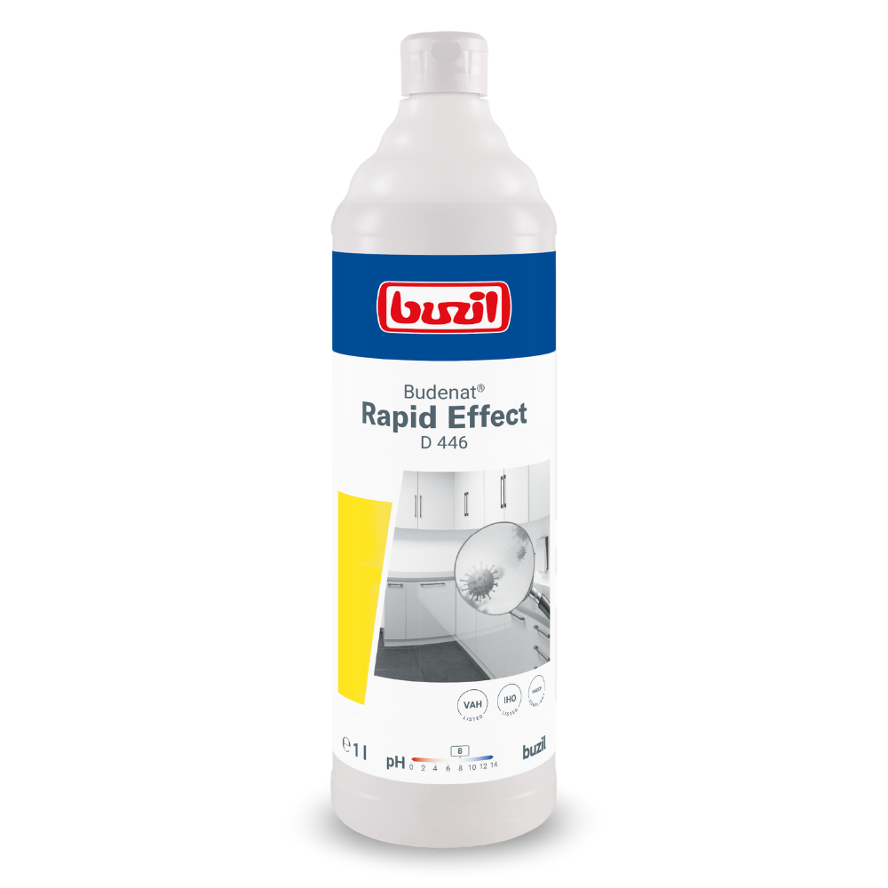 En 1-liters flaske Buzil Budenat® Rapid Effect D 446 alkoholisk hurtigdesinfektionsmiddel, klar til brug, opført hos VAH og IHO. Etiketten viser et køkkenbillede samt BUZIL-WERK Wagner GmbH & Co. KG's logo og produktdetaljer. Med en pH-værdi på 8 og propan-2-ol indeholder det forskellige sikkerhedssymboler. Den hvide flaske er dekoreret med et blå-gult design.