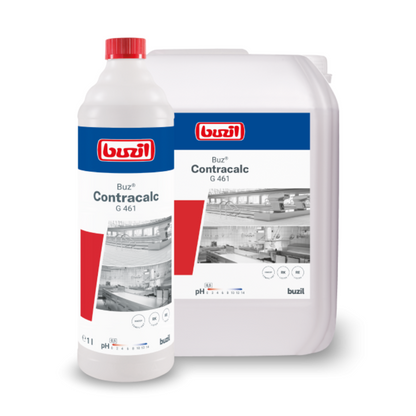 To beholdere af Buzil Buz® Contracalc G 461, en farveløs grundrens og afkalker fra BUZIL-WERK Wagner GmbH & Co. KG. Den forreste beholder er en hvid flaske med rød hætte, der indeholder en afkalkningsopløsning, mens den bageste beholder er en større, uigennemsigtig kande. Begge har etiketter i rød, blå og hvid med matchende grafik.