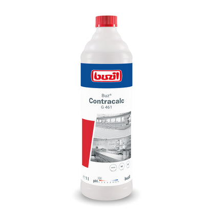 En 1-liters flaske Buzil Buz® Contracalc G 461 farveløs grundrens og afkalker fra BUZIL-WERK Wagner GmbH & Co. KG har produktdetaljer, en rød hætte og et anvendelsesbillede. Denne rengøringsmiddel baseret på fosforsyre er ideel til rengøring og afkalkning.