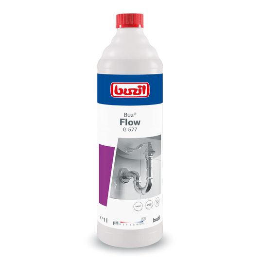 En 1-liters flaske Buzil Buz® Flow G 577 flydende rørrens, fremstillet af BUZIL-WERK Wagner GmbH & Co. KG. Etiketten viser en grafik af et VVS-anlæg og produktlogoet. Den overvejende hvide flaske er fremhævet med røde, blå og lilla detaljer og forsynet med en rød hætte, der tjener til effektivt at fjerne tilstopninger i afløb.