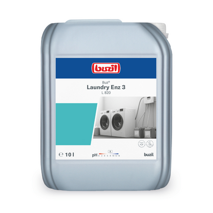En 10-liters beholder med Buzil Buz® Laundry Enz 3 L 820, fremstillet af BUZIL-WERK Wagner GmbH & Co. KG, er markeret med logoet og produktdetaljerne. Etiketten henvender sig til professionelle brugere og viser billeder af vaskemaskiner samt informationer om væskemængde og pH-værdi. Denne beholder med enzymholdigt flydende vaskemiddelkoncentrat har et bærehåndtag og en hætte øverst.