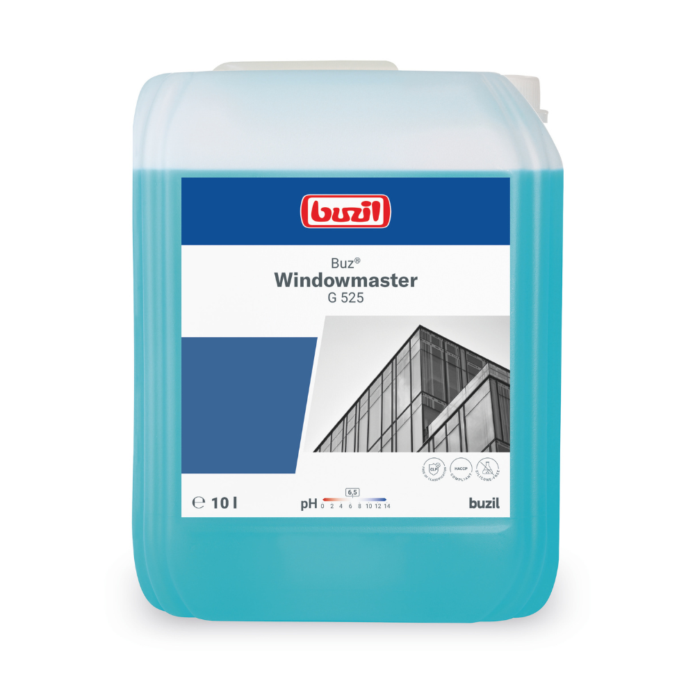På en blå 10-liters beholder med Buzil Buz® Windowmaster G 525 glas- og vinduesrens-koncentrat fra BUZIL-WERK Wagner GmbH & Co. KG er der en etiket med en illustration af en bygning med glasvinduer. Derudover henvises der til den hurtigtørrende formel, hvor der angives et pH-område på omkring 7.