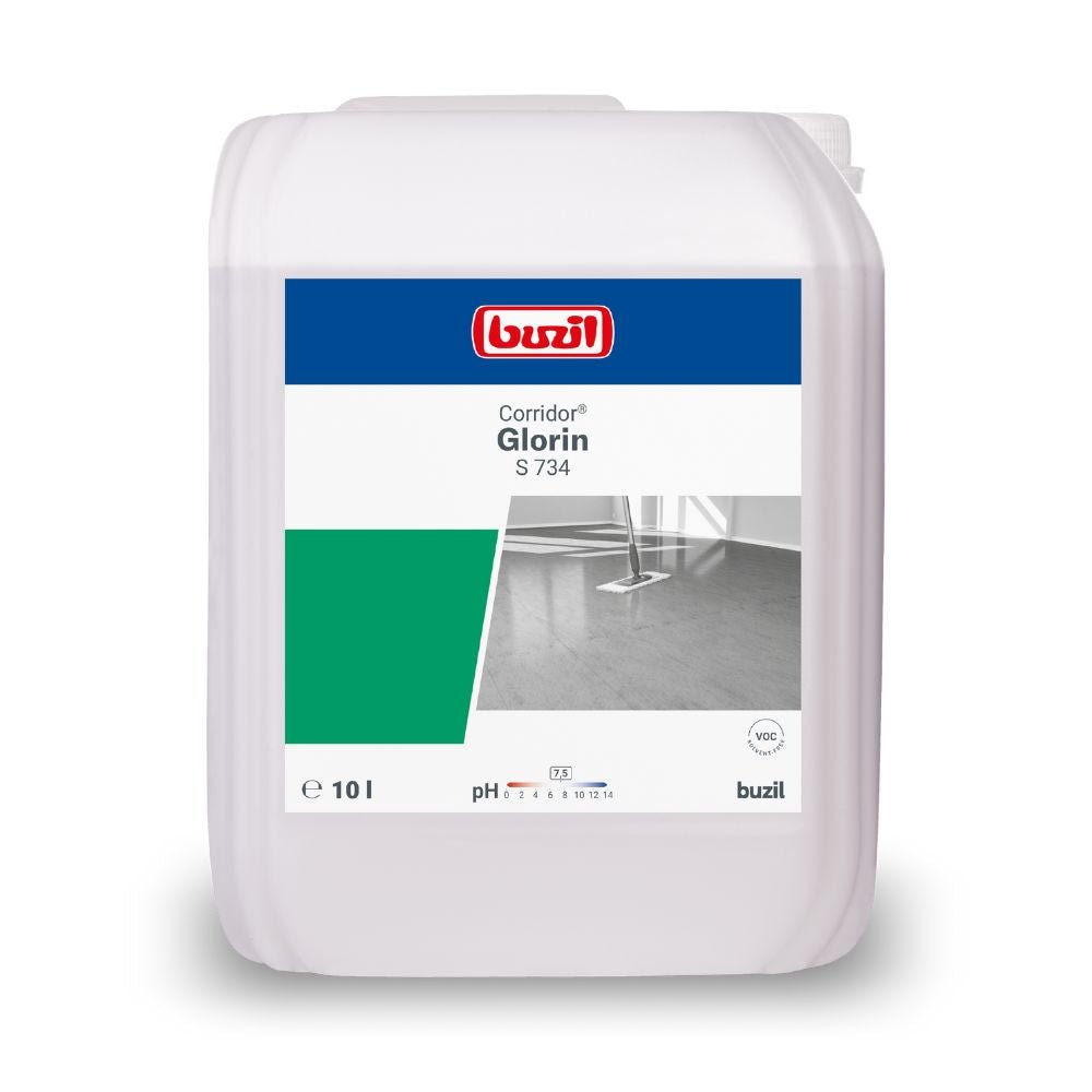 Buzil Corridor® Glorin S 734 allround selvglansdispersion i plastikkanden fra BUZIL-WERK Wagner GmbH & Co. KG er ideel til PVC- og linoleumsgulve. Frontetiketten viser et design i blå, grøn og grå med en illustration af en moppe på et flisegulv. Denne 10-liters kande tilbyder en effektiv selvglansdispersionsløsning.