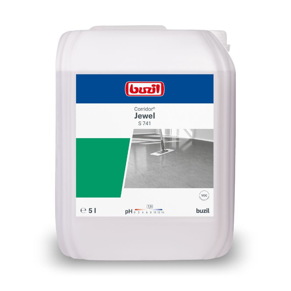 Afbildet er en 5-liters dunk med gulvrens Buzil Corridor® Jewel S 741 højtydende dispersion fra BUZIL-WERK Wagner GmbH & Co. KG. Etiketten viser mærkelogoet, produktnavnet og et billede af en skinnende gulv. Det angiver en pH-værdi på 7,8 og har et PVC-egnethedssymbol, hvilket gør det ideelt til gulvbelægningsformål.