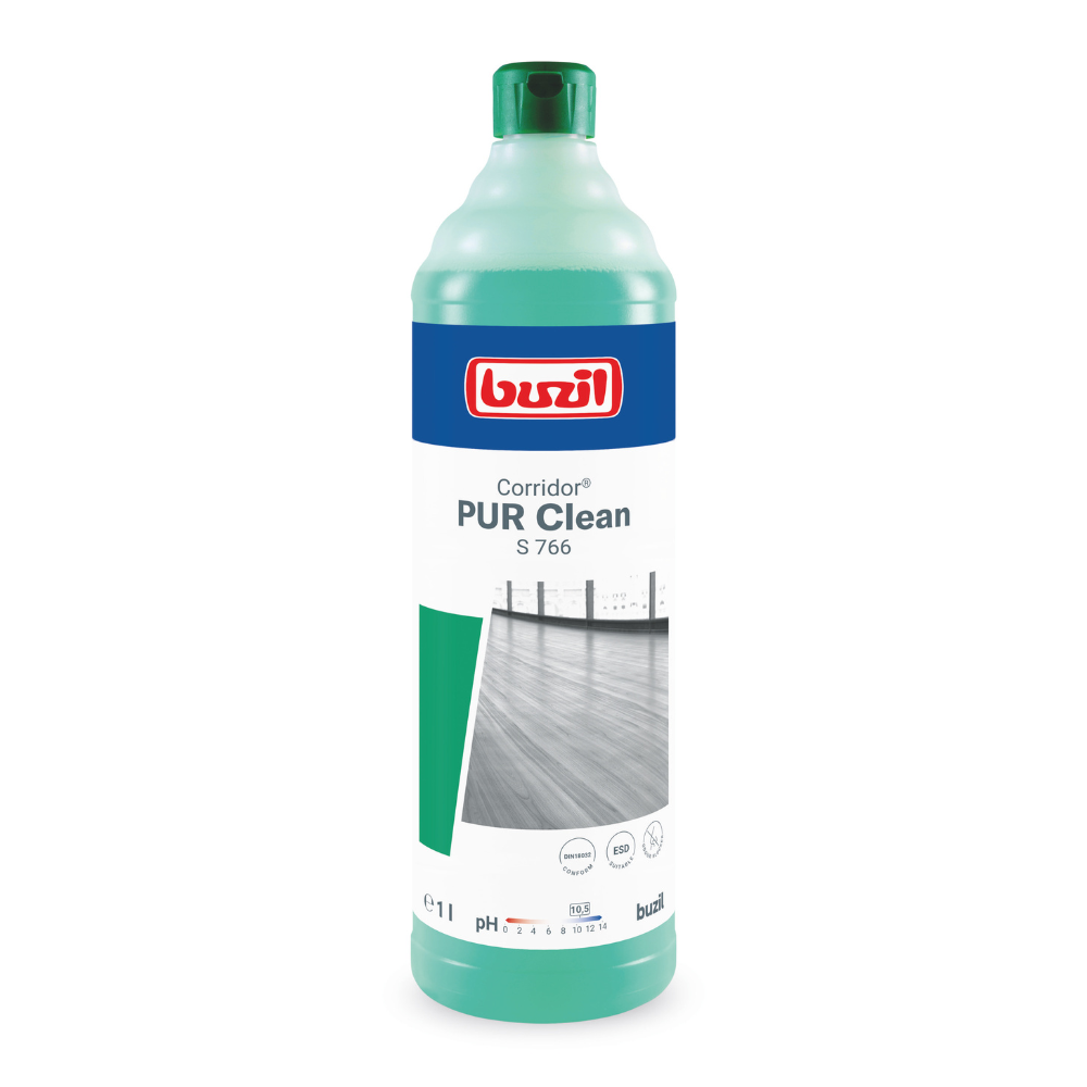 Buzil Corridor® PUR Clean S 766 Ultranetzende gulvrens med lugtblokker fra BUZIL-WERK Wagner GmbH & Co. KG er tilgængelig i en flaske med lysegrønt design, blåt etiket og rødt logo. Den indeholder 1 liter produkt, der er ideel til pleje af fejlfri gulve, og er på emballagen forsynet med et billede af et rent gulv.
