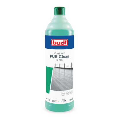 Buzil Corridor® PUR Clean S 766 Ultranetzende gulvrens med lugtblokker fra BUZIL-WERK Wagner GmbH & Co. KG er tilgængelig i en flaske med lysegrønt design, blåt etiket og rødt logo. Den indeholder 1 liter produkt, der er ideel til pleje af fejlfri gulve, og er på emballagen forsynet med et billede af et rent gulv.