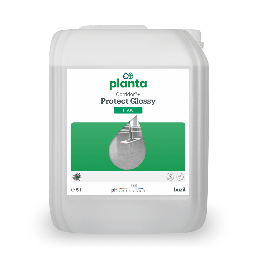 Afbildet er en 5-liters beholder Buzil Corridor®+ Protect Glossy P 938 Økologisk dispersion fra BUZIL-WERK Wagner GmbH & Co. KG. Den hvide etiket med grønne accenter og dråbebillede fremhæver den premium gulvpleje med en pH-værdi på 9,4.