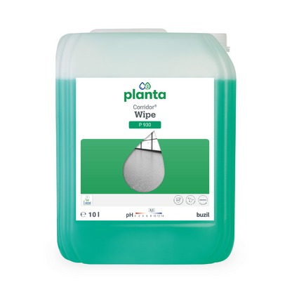 Udstillet er en 10-liters beholder med Buzil Corridor® Wipe P 930, kendt for sin økologiske, polymerbaserede rengøringspleje med lugtblokker. Den gennemsigtige beholder giver dig mulighed for at se den grønne væske indeni. På etiketten er mærkenavnet, produktnavnet og pH-værdien fra BUZIL-WERK Wagner GmbH & Co. KG tydeligt synlige, hvilket understreger virksomhedens engagement i økologisk rengøringspleje.