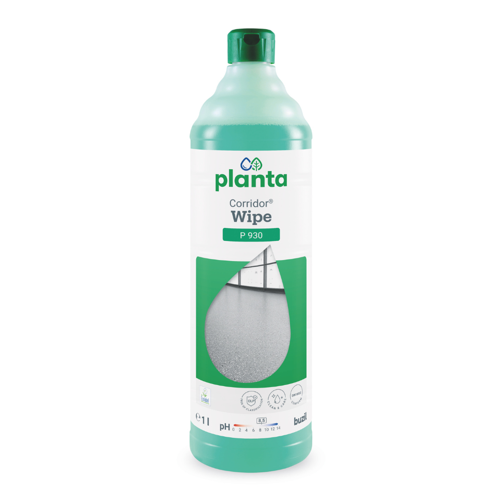 En grøn flaske med påskriften 'Buzil Corridor® Wipe P 930' viser et billede af et rent gulv og angiver, at produktvolumenet er 1 liter. Denne polymerbaserede formel fra BUZIL-WERK Wagner GmbH & Co. KG sikrer økologisk rengøringspleje og blokerer samtidig effektivt lugte i dine rum.