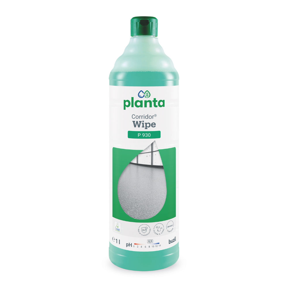 Eine grüne Flasche mit der Aufschrift „Buzil Corridor® Wipe P 930“ zeigt ein Bild eines sauberen Bodens und gibt an, dass das Produktvolumen 1 Liter beträgt. Diese polymerbasierte Formel von BUZIL-WERK Wagner GmbH & Co. KG sorgt für ökologische Reinigungspflege und blockiert gleichzeitig effektiv Gerüche in Ihren Räumen.