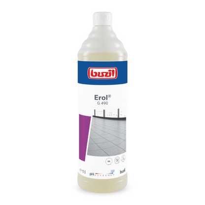 1-liters flasken Buzil Erol® G 490 Alkalisk Intensivrengører til porcelænsfliser fra BUZIL-WERK Wagner GmbH & Co. KG er forsynet med et rødt logo og et flisegulvmotiv. Den hvide flaske med blå-hvid etiket sørger for en porerensende rengøring af forskellige gulvbelægninger, herunder også porcelænsfliser.