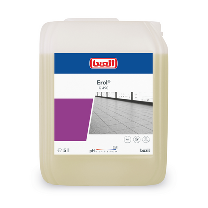 En 5-liters beholder med Buzil Erol® G 490 Alkalisk Intensivrengører til porcelænsfliser fra BUZIL-WERK Wagner GmbH & Co. KG, der er designet til dybderengøring af porcelænsfliser. Etiketten indeholder produktnavnet, mærkelogoet og en illustration af et flisegulv. Den lyse, rektangulære beholder har et håndtag øverst for nem håndtering.