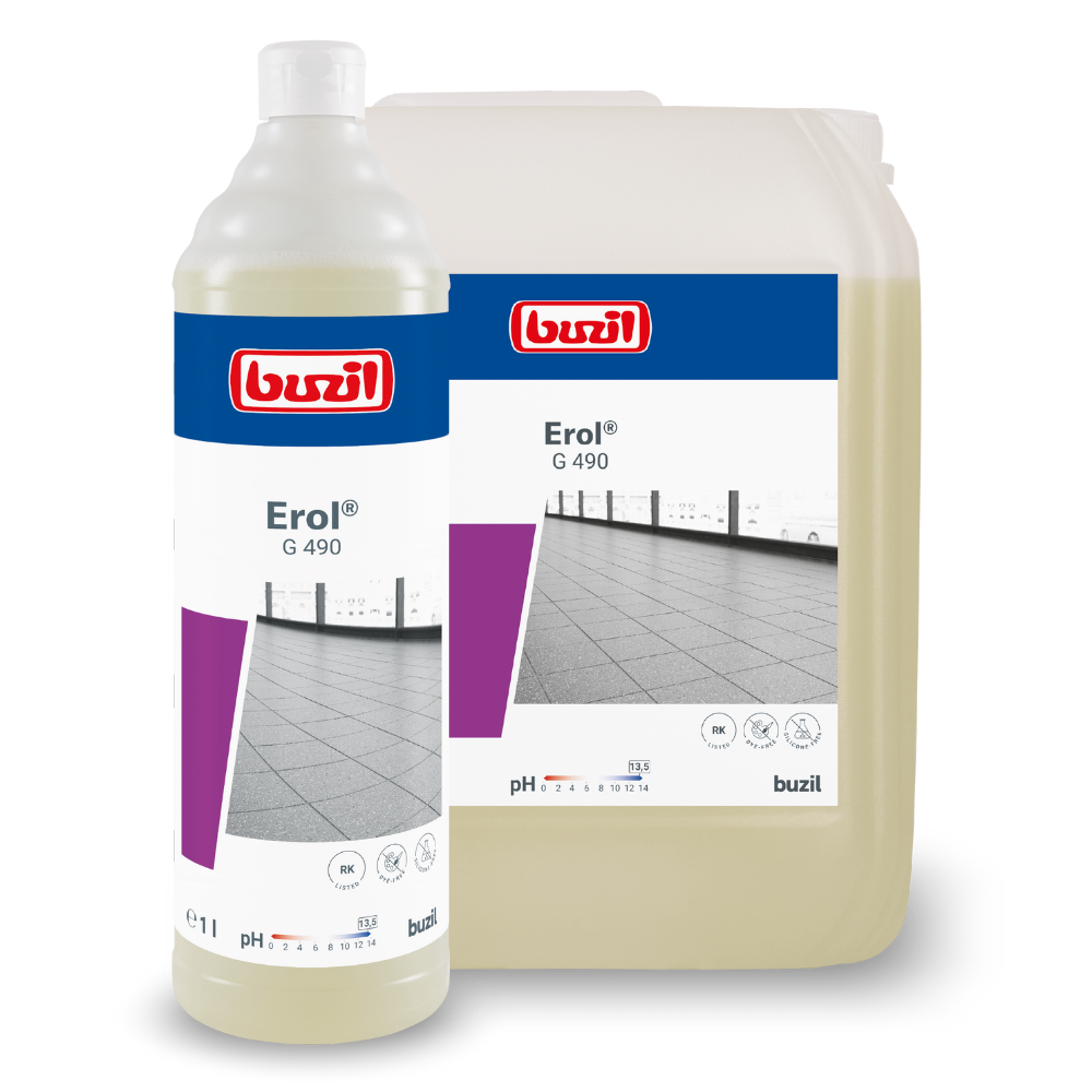Billedet viser to beholdere med Buzil Erol® G 490 Alkalisk Intensivrengører til porcelænsfliser fra BUZIL-WERK Wagner GmbH & Co. KG. Den større, firkantede, gennemsigtige beholder og den mindre cylindriske beholder er begge forsynet med violette og blå etiketter med billeder af en rengøringsløsning, der er perfekt til dybderengøring af porcelænsfliser.