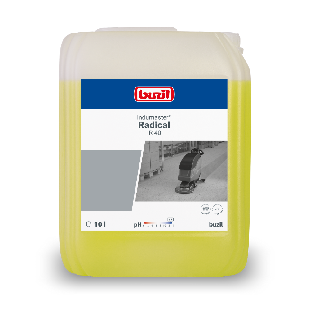 En 10-liters dunk Buzil Indumaster® Radical IR 40 Alkalisk Industriel Rengøringsmiddel fra BUZIL-WERK Wagner GmbH & Co. KG er velegnet til krævende overflader som cement- og betonbelægninger. Den leveres med en blå-hvid etiket, hvor pH-værdi og volumen er angivet. Den indeholder en gul væske, der er ideel til rengøring af keramiske fliser.