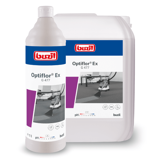Billedet viser to beholdere med Buzil Optiflor® Ex G 477 tæpperensemiddel til tæpperensning ved sprøjteekstraktion: en hvid flaske og en stor dunk, begge med logoet fra BUZIL-WERK Wagner GmbH & Co. KG.