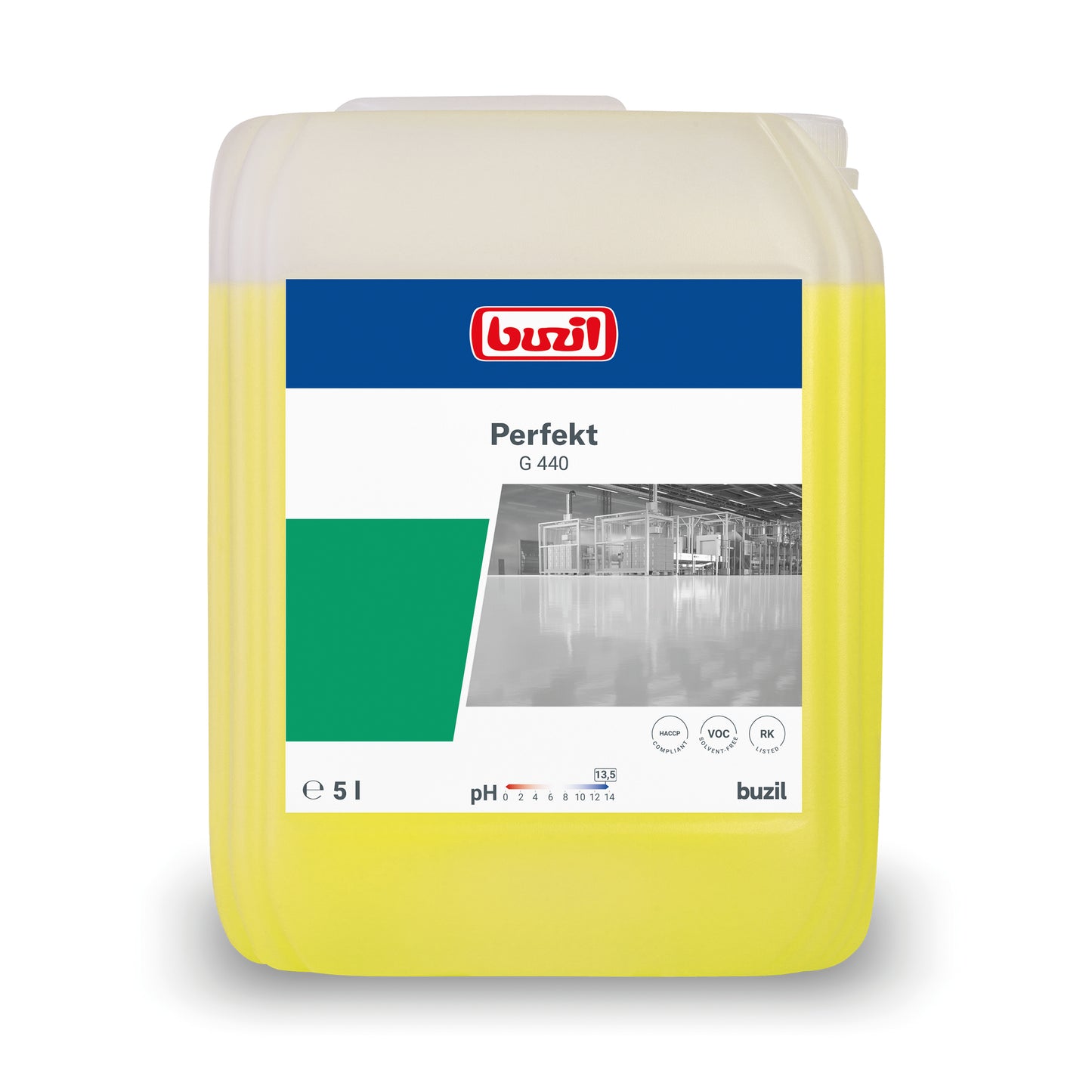 En 5-liters beholder Buzil Perfekt G 440 Alkalisk Intensiv-Kraftreiniger Gulvrens, fremstillet af BUZIL-WERK Wagner GmbH & Co. KG. Etiketten fremhæver produktnavnet, volumen og et gråtonebillede af et industrielt miljø. Denne gulvrensbeholder er gul med en hvid-grøn etiket og ideel til behandling af genstridige overflader.