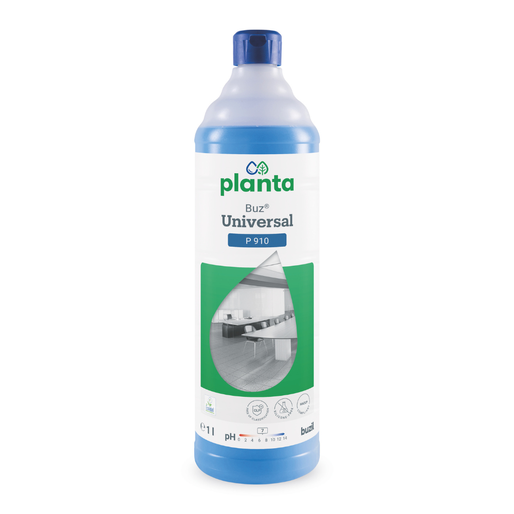 En 1-liters flaske Buzil Planta Buz® Universal P 910 Økologisk Universalrengøringsmiddel fra BUZIL-WERK Wagner GmbH & Co. KG med blåt låg og en etiket med produktdetaljer som en pH-indikator, EU-miljømærket og et rum-billede.