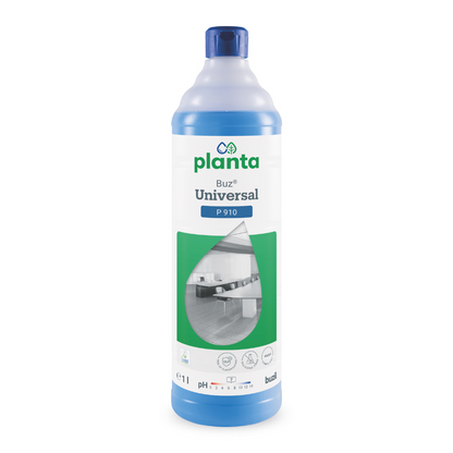En 1-liters flaske Buzil Planta Buz® Universal P 910 Økologisk Universalrengøringsmiddel fra BUZIL-WERK Wagner GmbH & Co. KG med blåt låg og en etiket med produktdetaljer som en pH-indikator, EU-miljømærket og et rum-billede.