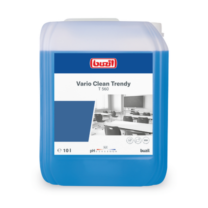 En 10-liters beholder Buzil Vario Clean Trendy T 560 Neutrale skåne- og plastikrenser fra BUZIL-WERK Wagner GmbH & Co. KG tilbyder en Easy-to-clean-effekt for en problemfri pleje. Etiketten viser et skolebillede samt produktdetaljer som pH-værdi og volumen. Den blå beholder med hvidt låg sikrer stribefri glans hver gang.