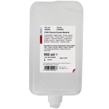 CWS sæbecreme 950 ml fra CWS er en genopfyldningspose med bundudløb. Etiketten på forsiden giver produktinformation, instruktioner og ingredienser på flere sprog for en behagelig hudfornemmelse.