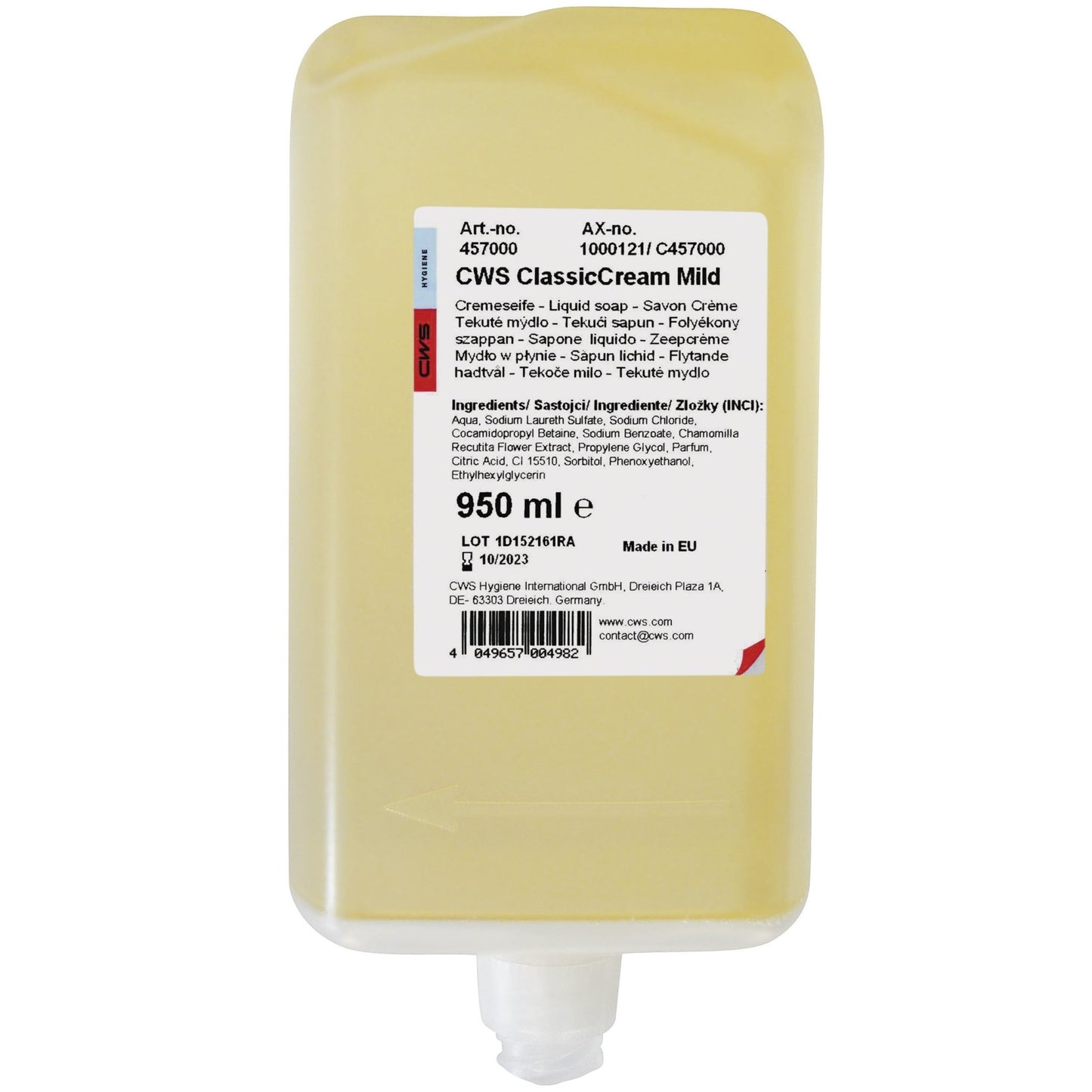 En rektangulær genopfyldningsbeholder fra CWS sæbecreme 950 ml fra CWS, med en gullig creme. På etiketten er der produktdetaljer, ingredienser, stregkode og producentinformation for en behagelig hudfornemmelse.