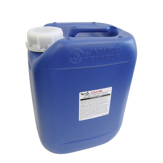 Ein blauer 5L CWS Kanister aus Kunststoff mit weißem Schraubverschluss und Griff enthält CWS Seifencreme flüssige Handseife. Der Behälter hat ein rechteckiges weißes Etikett mit Text und Symbolen auf der Vorderseite.