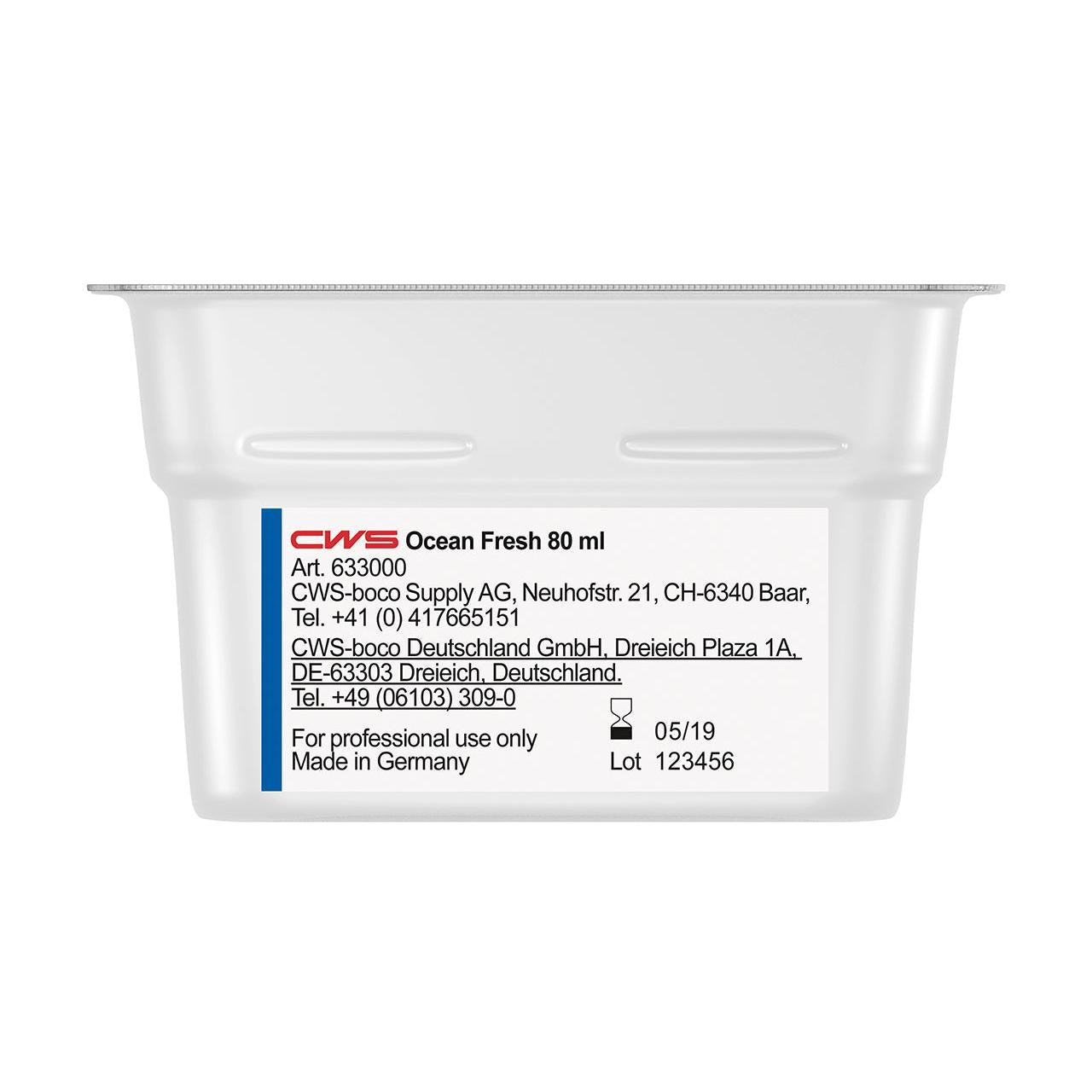 Ein weißer 80ml-Behälter mit der Aufschrift "CWS ParadiseLine Waschraumduft für Duftspender Paradise Air Bar" von CWS, hergestellt in Deutschland für den professionellen Gebrauch, mit Anleitung und Kontaktinformationen; Ablaufdatum 05/19, Losnummer 123456.