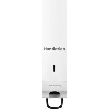 CWS frontpanelet til skumdispenseren Foam Slim er et hvidt vægpanel med teksten "Handlotion", der er kendetegnet ved et elegant design med et lille vindue og en sort håndtag i bunden til udlevering.
