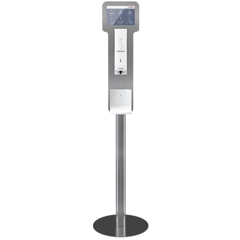 En fritstående CWS ParadiseLine drypbakke, der passer til Disinfect NT, fungerer som en drypbakke under desinfektionsmiddel dispenserstationen med touchscreen-tilbehør og rund metalfod for et hygiejnisk miljø.