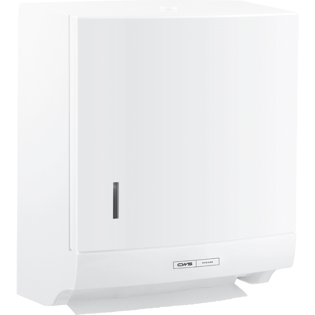 CWS ParadiseLine foldet papirhåndklædedispenser Paper Slim i hvid med trykknap tilbyder hygiejnisk, vægmonteret papirudtag og har et slankt design samt et panel til niveaukontrol.