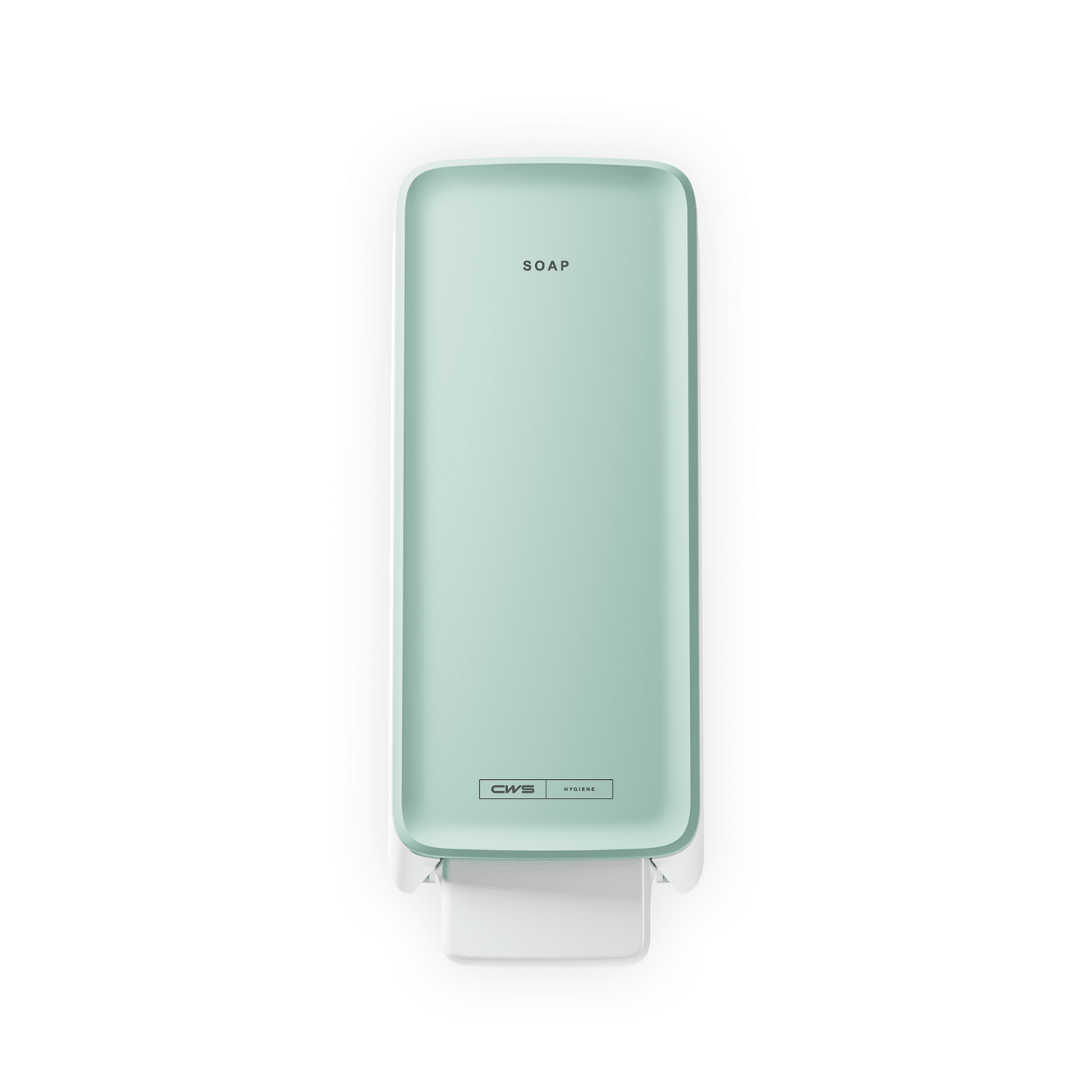 En mintgrøn CWS PureLine Cream sæbedispenser fra CWS med teksten "SOAP" øverst og et hvidt trykhåndtag, vist ovenfra på hvid baggrund - ideel til ethvert vaskerum.