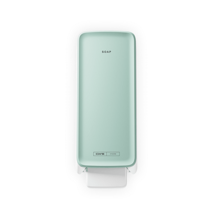 En mintgrøn CWS PureLine Cream sæbedispenser fra CWS med teksten "SOAP" øverst og et hvidt trykhåndtag, vist ovenfra på hvid baggrund - ideel til ethvert vaskerum.