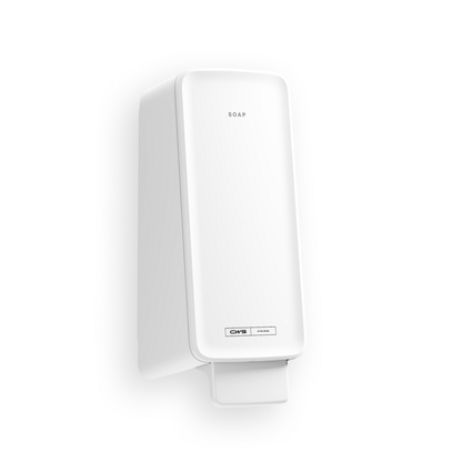 CWS PureLine Cream sæbedispenser fra CWS er en hvid, rektangulær vægsæbedispenser med teksten "SOAP" øverst og et trykhåndtag nederst, ideel til ethvert vaskerum og foran en enkel hvid baggrund.
